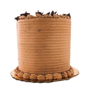 A masterpiece for the senses, this cake features layers of rich chocolate cake, generously filled with velvety chocolate frosting and dark chocolate chips. The cake is then finished with a smooth chocolate glaze and adorned with delicate dark chocolate curls.