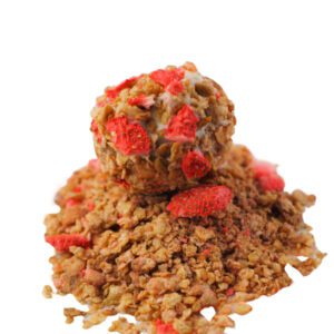A delightful combination of vanilla cake, dehydrated strawberry, and Special K cereal, dipped in white chocolate.