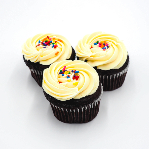 Chocolate cupcakes topped with vanilla frosting and rainbow sprinkles