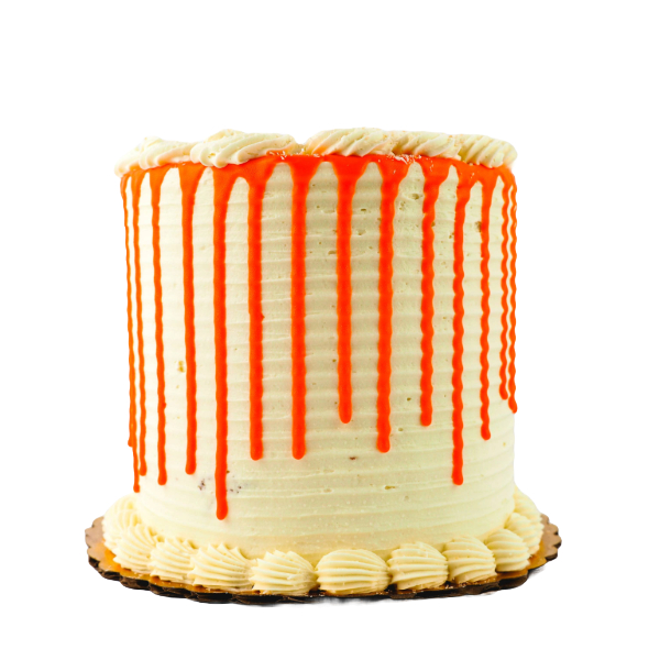 Carrot CakeCarrot cake (no nuts, no raisins) and sweetened with pineapple and coconut, filled cream cheese frosting. Iced with cream cheese frosting and white chocolate.