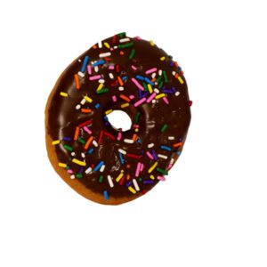 Yeast raised doughnut topped with chocolate glaze and rainbow sprinkles
