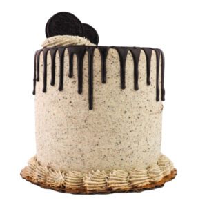 Chocolate Devil's food cake filled with cookies and cream frosting, then iced with cookies and cream frosting and topped with chocolate ganache and cookie crumbs. 