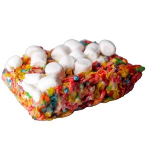 A colorful Fruity Pebbles Treat topped with marshmallows.