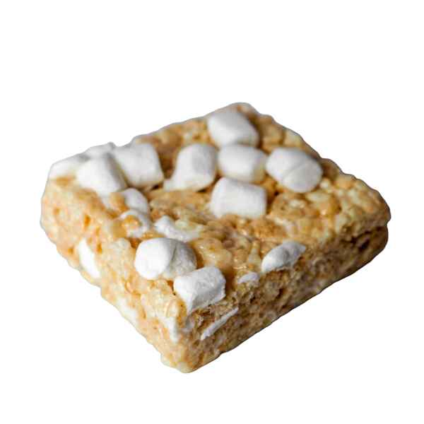 A square Rice Krispies Treat topped with mini marshmallows.